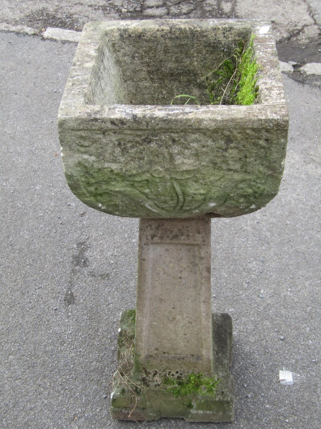 A weathered cast composition stone garden planter of square tapered and rounded form with floral - Image 2 of 4