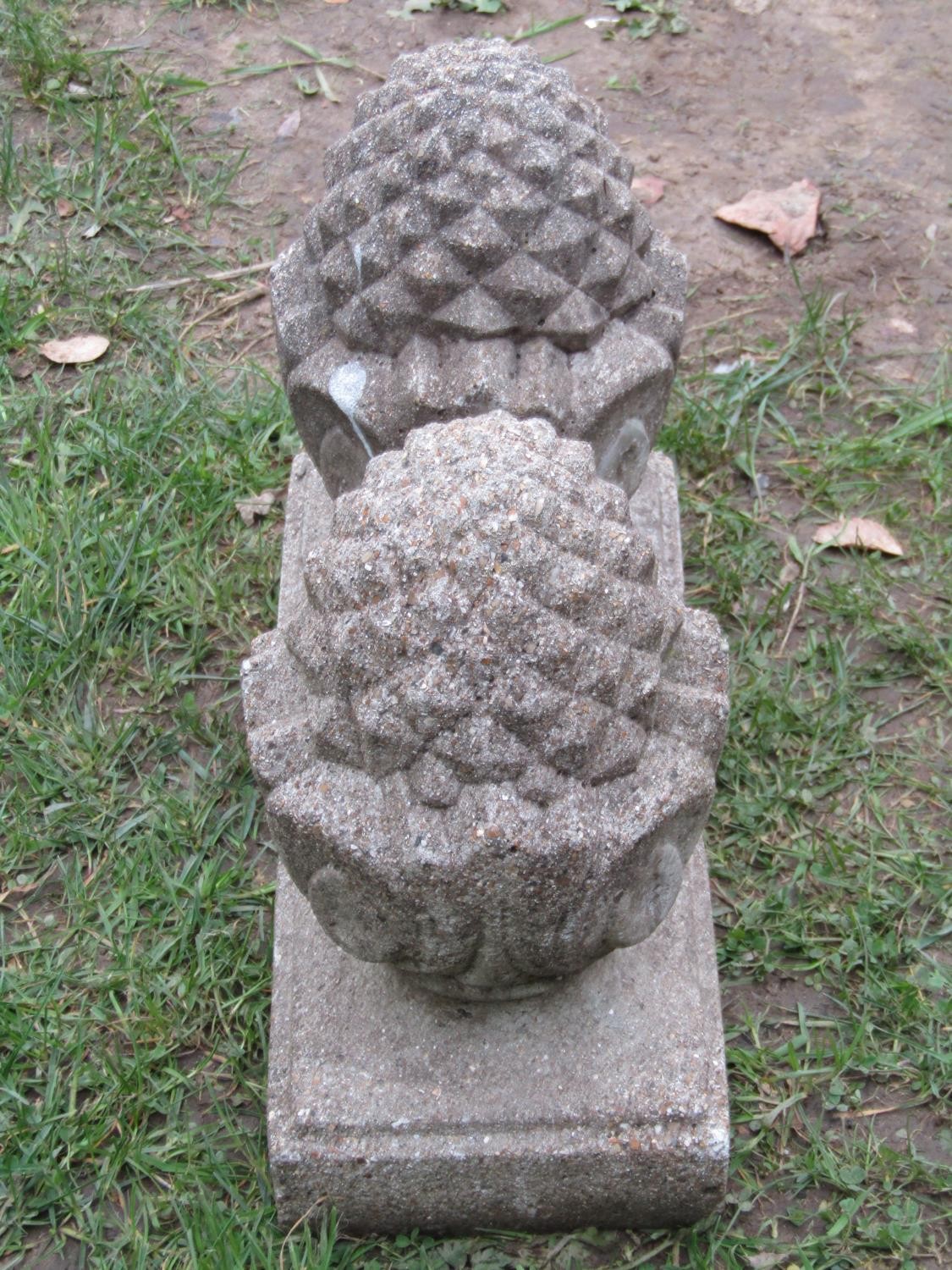 A pair of small weathered cast composition stone pier caps with pineapple finials, 32cm high x - Image 2 of 5