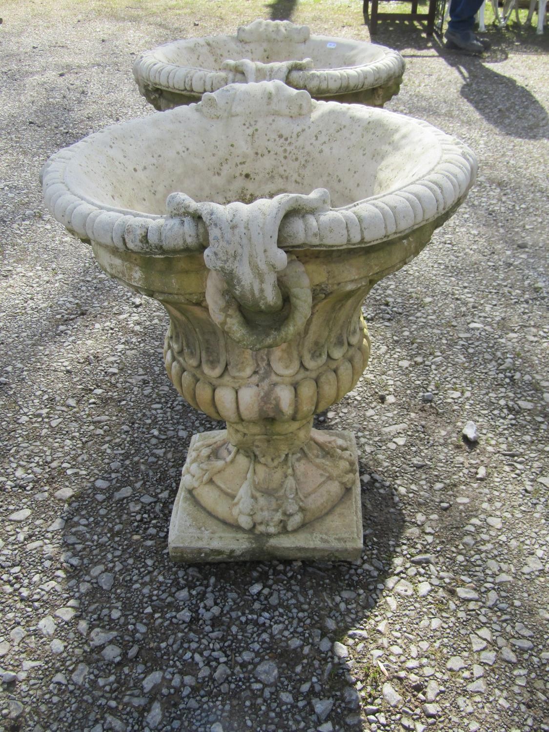 A pair of large weathered cast composition stone garden urns with lobed bodies, fixed ring - Image 3 of 7