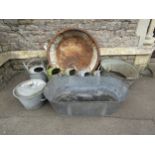 A quantity of galvanised items to include two oval baths, two handled pan and cover, watering