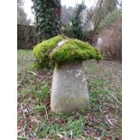 A limestone staddle stone and cap, moss encrusted, 75 cm in height approximate