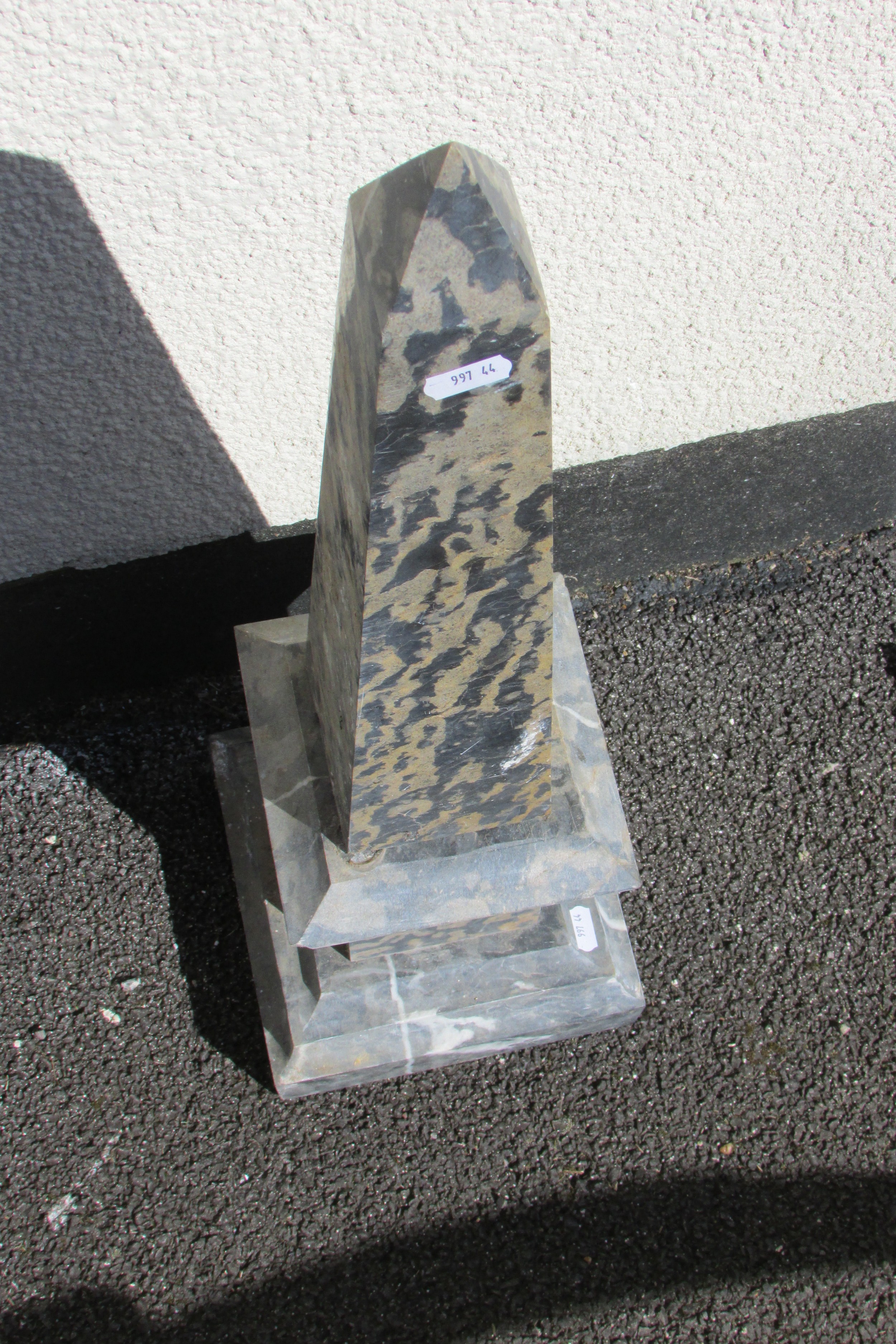 An antique Grand Tour type cut and polished marble obelisk on plinth base, 70cm high, the base - Image 3 of 3