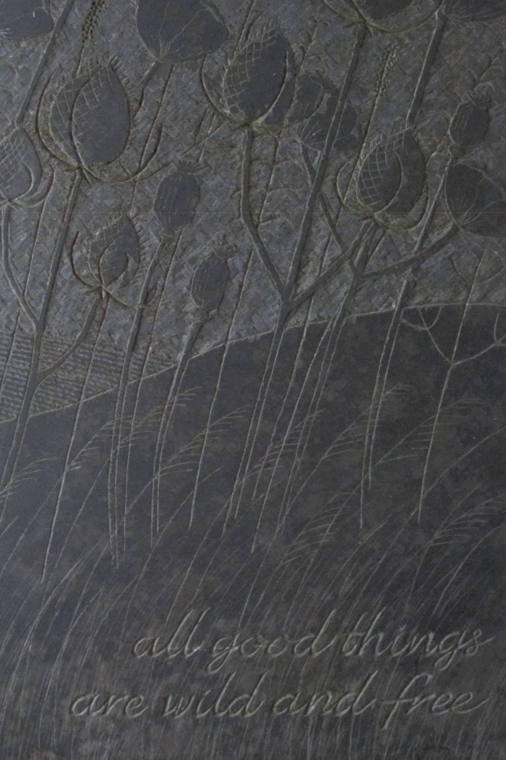 A carved slate panel with carved thistles and poppies design in a contoured landscape - 'All good - Image 2 of 3