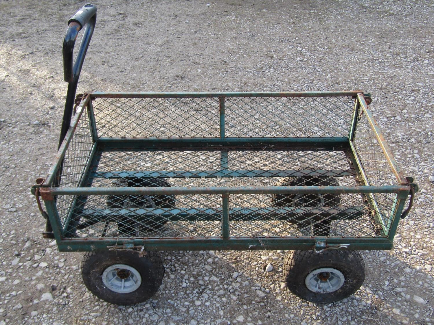 A useful four wheeled hand cart with rectangular green painted steel and lattice panelled body - Image 4 of 5