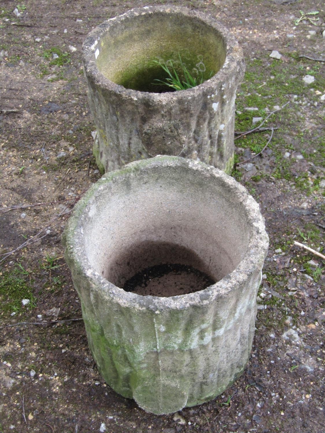 A pair of weathered cast composition stone garden planters in the form of tree stumps, 29cm high, - Image 2 of 4
