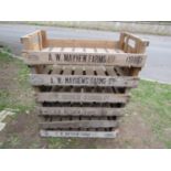 Six rustic wooden rectangular vegetable/fruit trays with slatted bases all with printed marks, 76