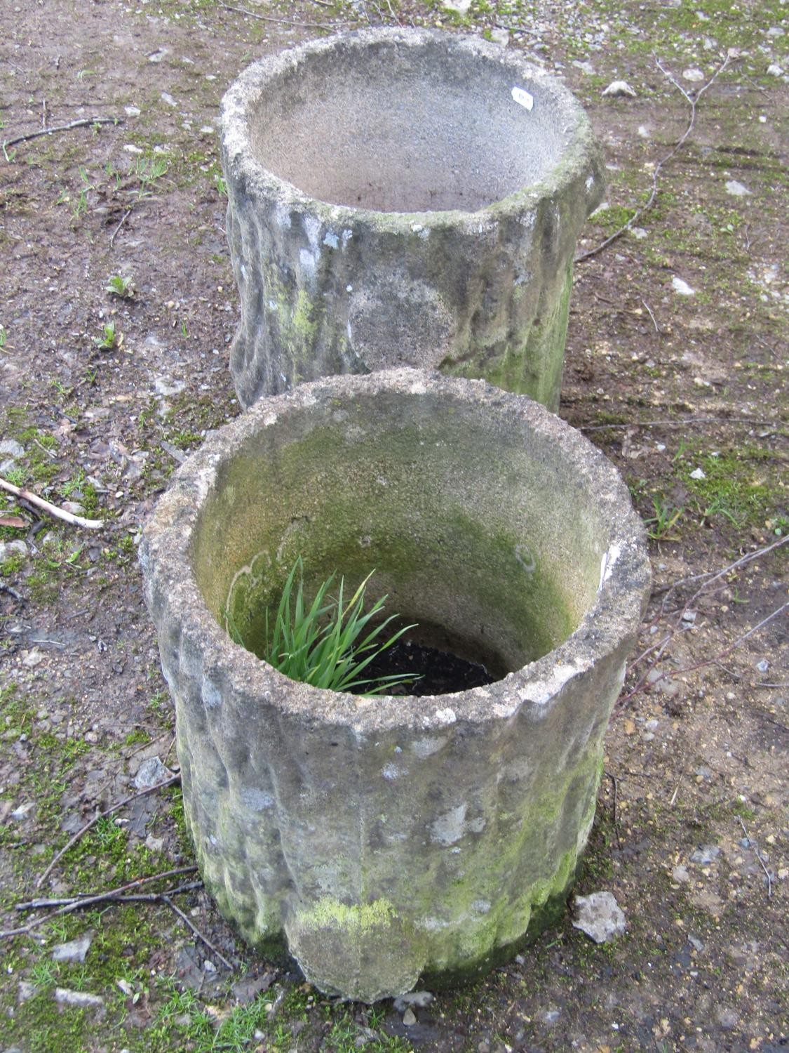 A pair of weathered cast composition stone garden planters in the form of tree stumps, 29cm high, - Image 3 of 4