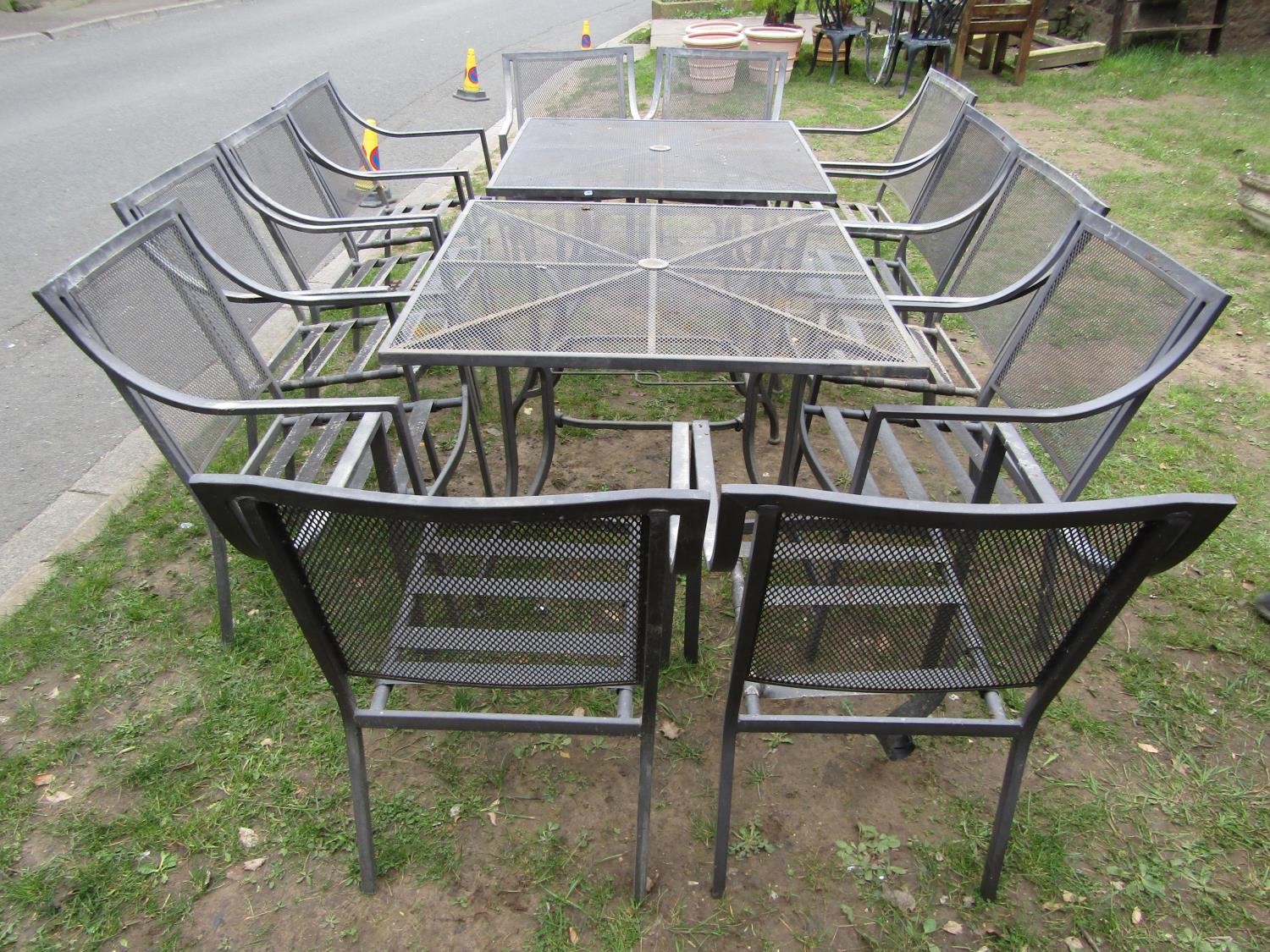 Two good quality contemporary garden tables with square mesh panelled tops, together with a set of - Image 2 of 4
