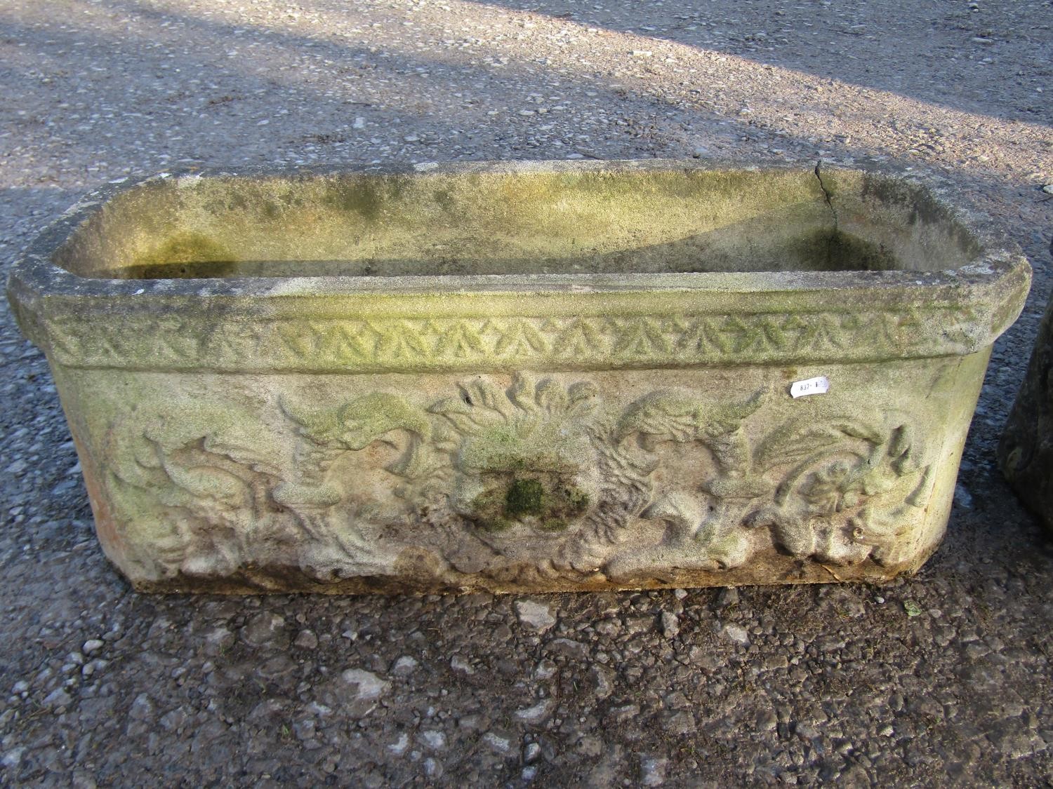 A pair of weathered rectangular cast composition stone flower troughs with canted corners, lions - Image 5 of 9