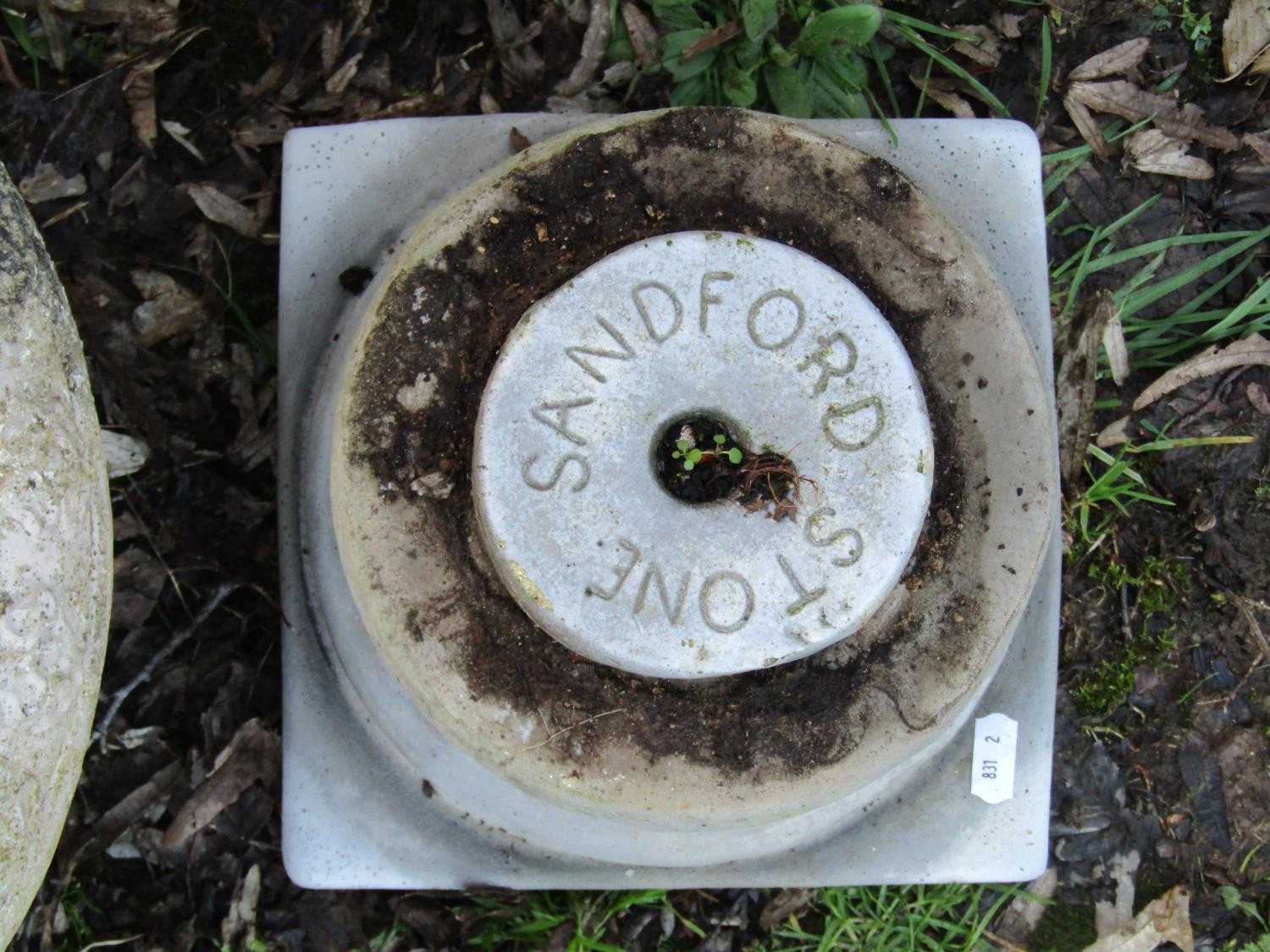 A weathered Sandford Stone cast garden urn with circular lobed bowl raised on a loose socle and - Image 3 of 3