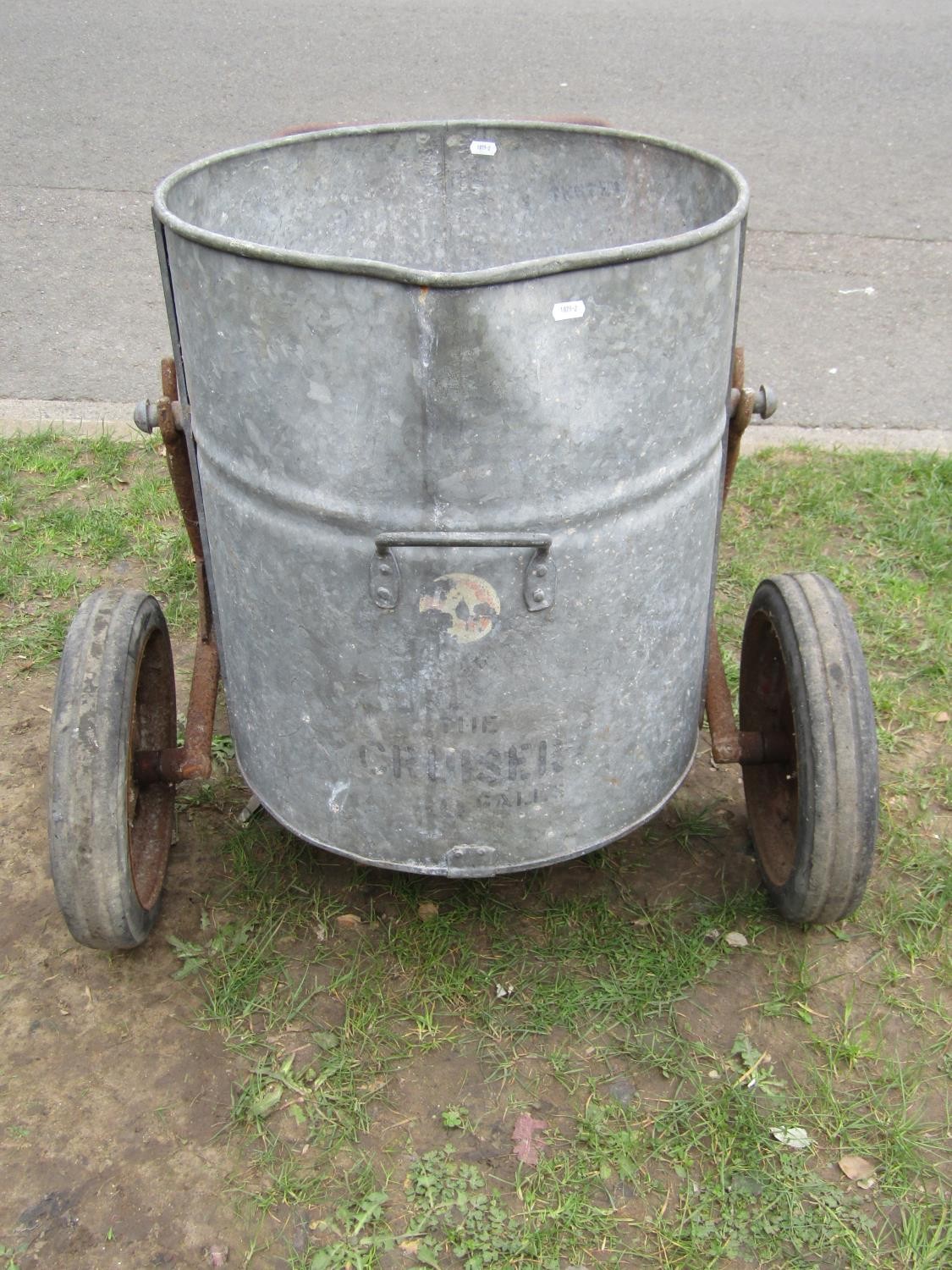 A vintage two wheeled water barrow, the iron frame supporting a cylindrical galvanised vessel - Image 3 of 5