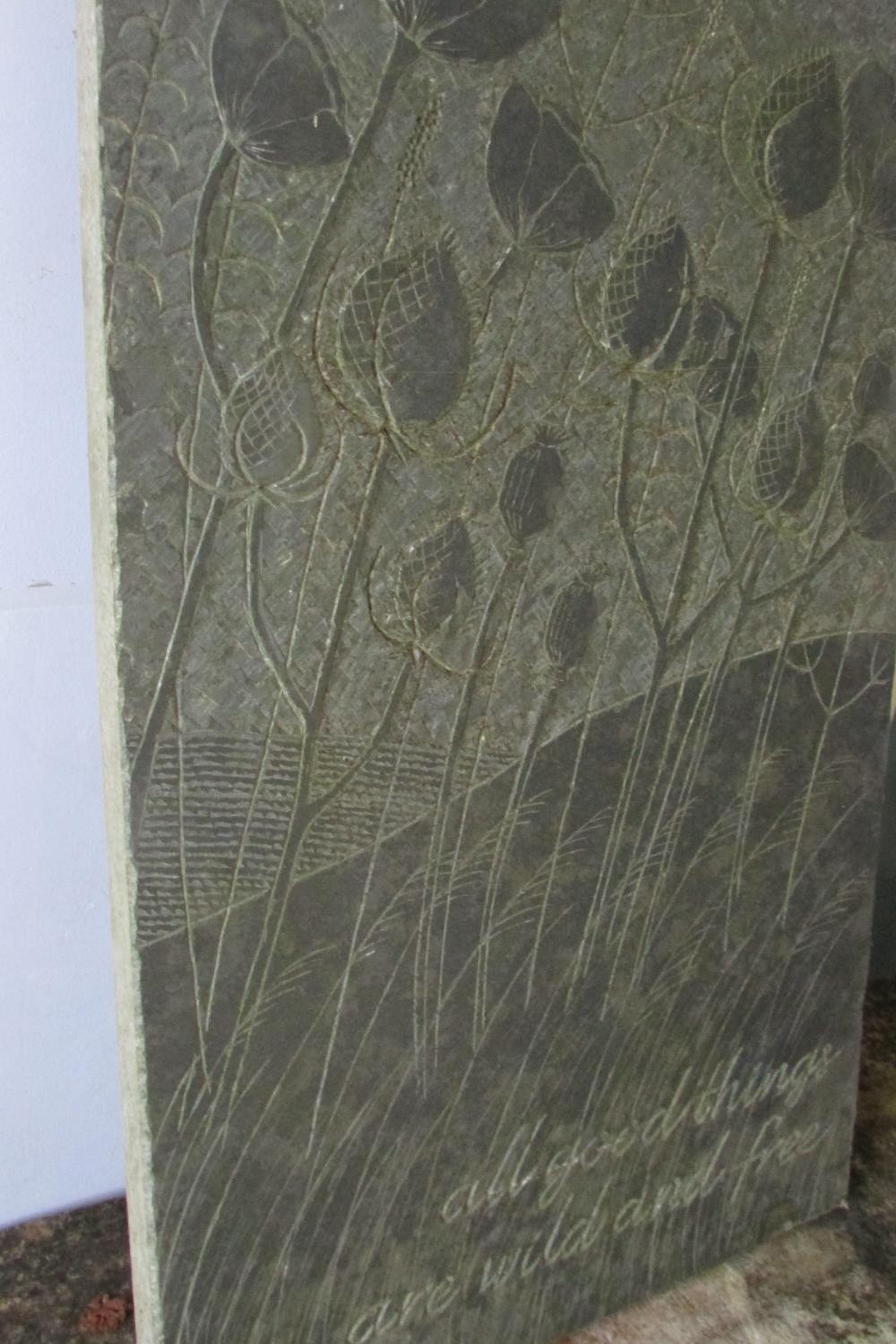 A carved slate panel with carved thistles and poppies design in a contoured landscape - 'All good - Image 3 of 3