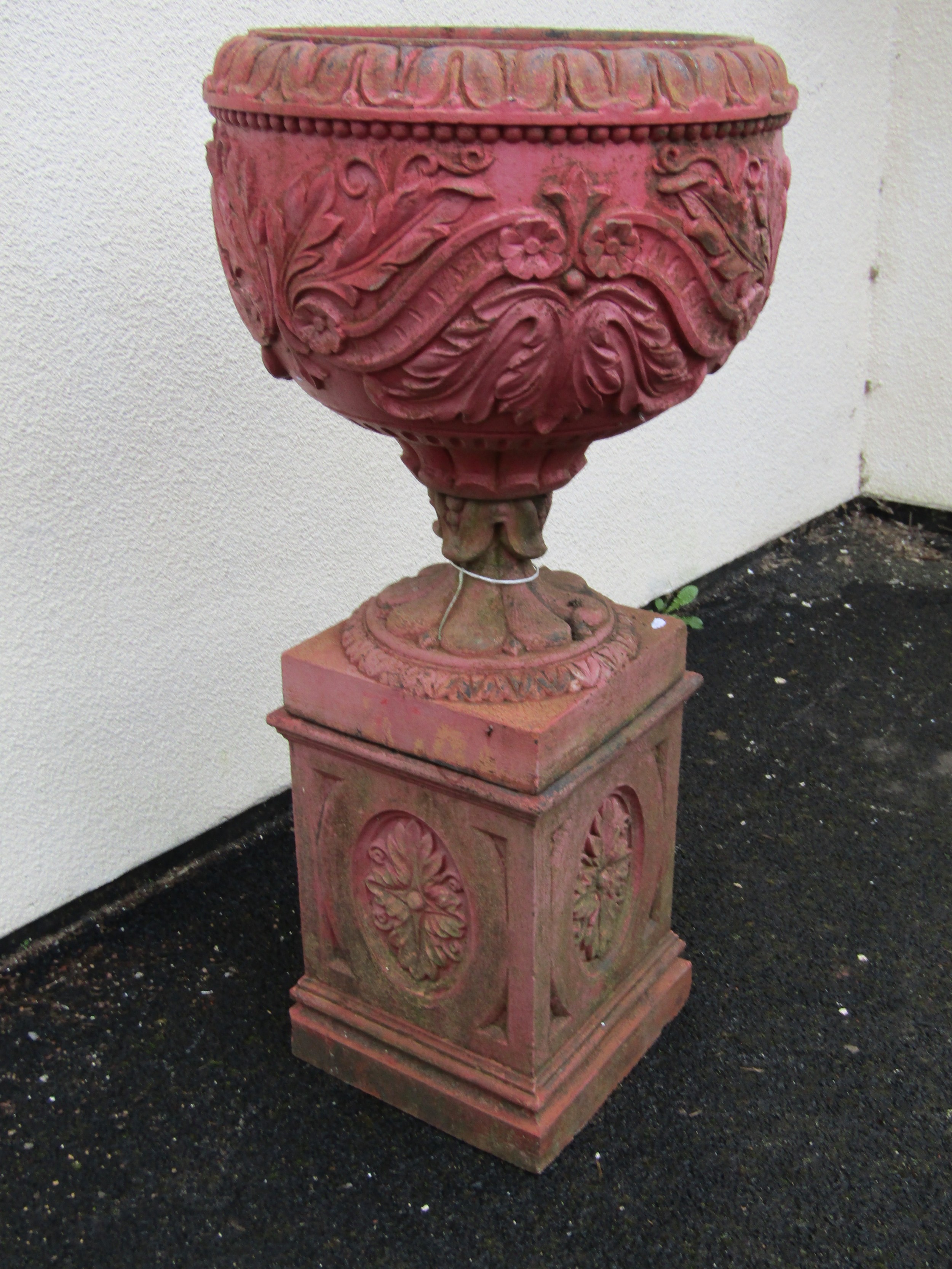 Accrington Brick Company Ltd painted and weathered terracotta garden urn, the circular bowl with - Image 2 of 6