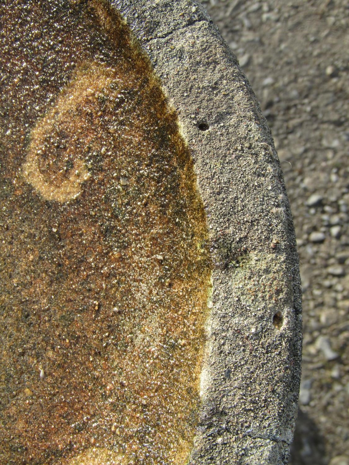 A weathered two sectional cast composition stone bird bath of circular form raised on a square - Image 3 of 5