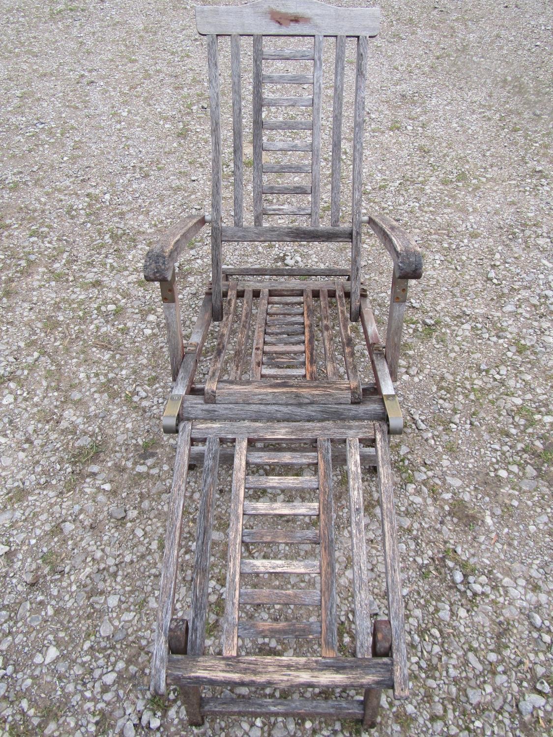 Two weathered teak folding steamer type chairs with slatted seats, backs and foot rests, with - Image 4 of 6