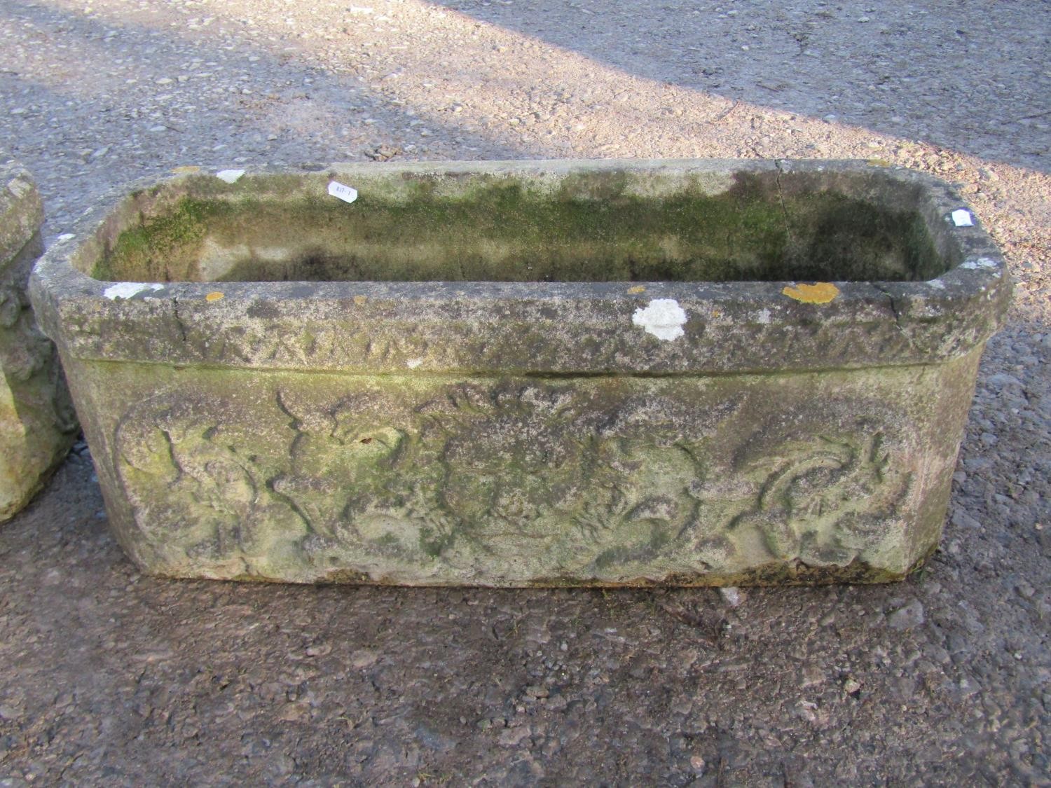 A pair of weathered rectangular cast composition stone flower troughs with canted corners, lions - Image 3 of 9