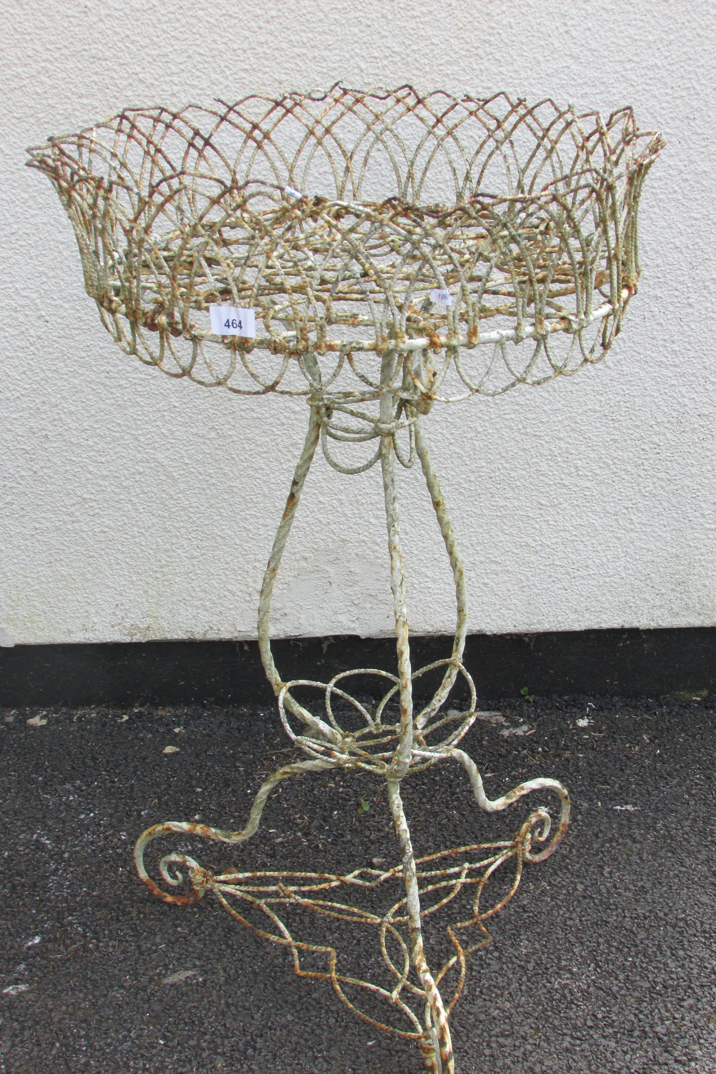 A weathered wire work jardinière with lattice detail and scrolled supports, 53 cm diameter x 82 cm - Image 3 of 3