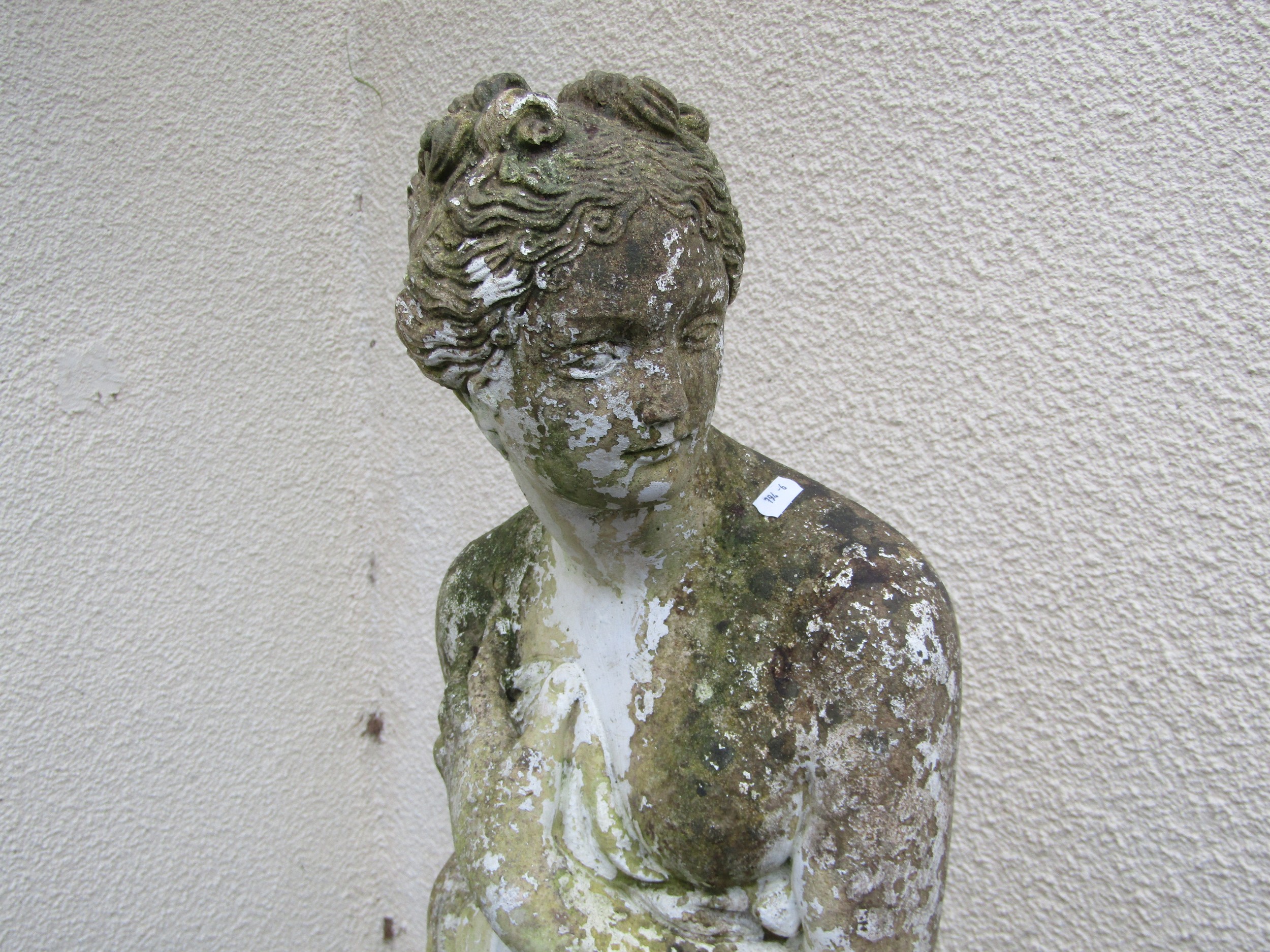 A partially painted and weathered cast composition stone garden ornament in the form of a standing - Image 3 of 4