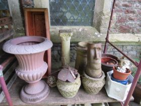 A mixed collection of planters and decorative effects to include a simulated Campana urn, moulded