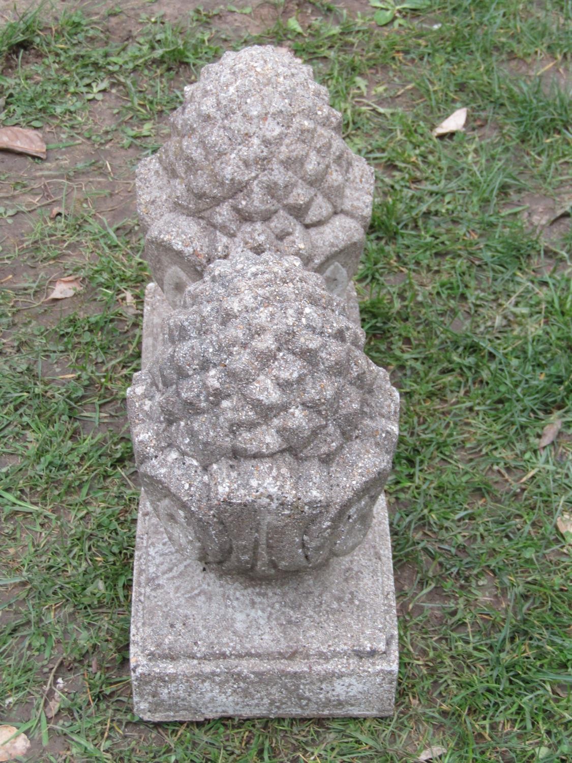 A pair of small weathered cast composition stone pier caps with pineapple finials, 32cm high x - Image 4 of 5