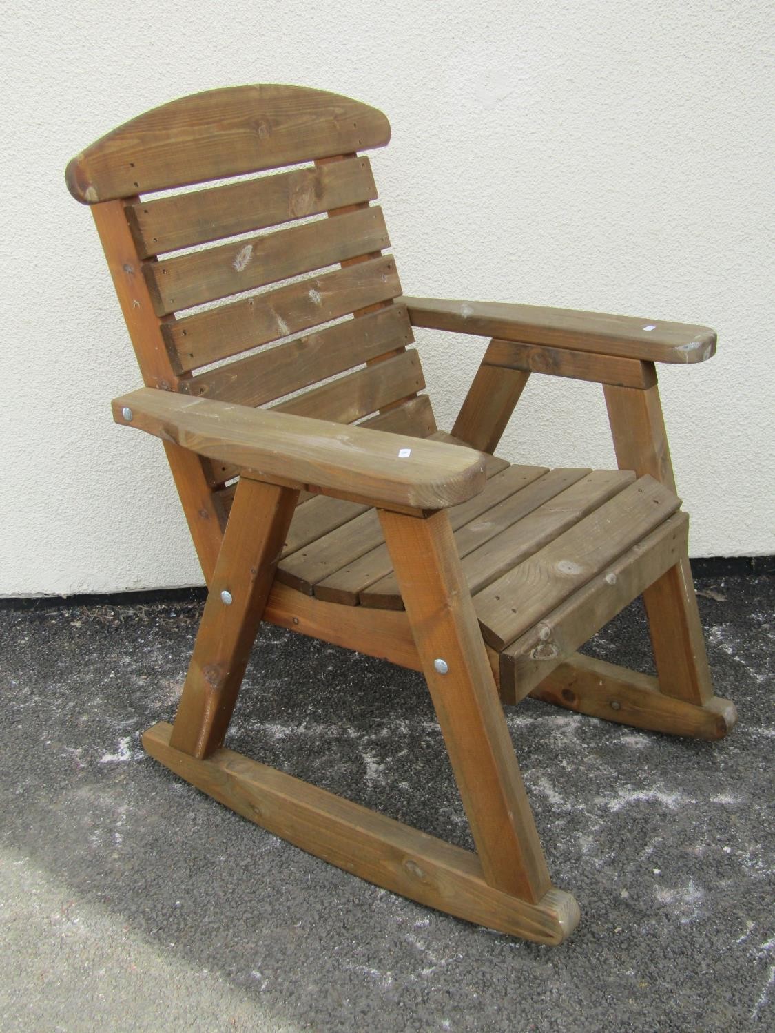 A contemporary soft wood rocking garden chair with open arms and slatted seat and combined back 73 - Image 4 of 4
