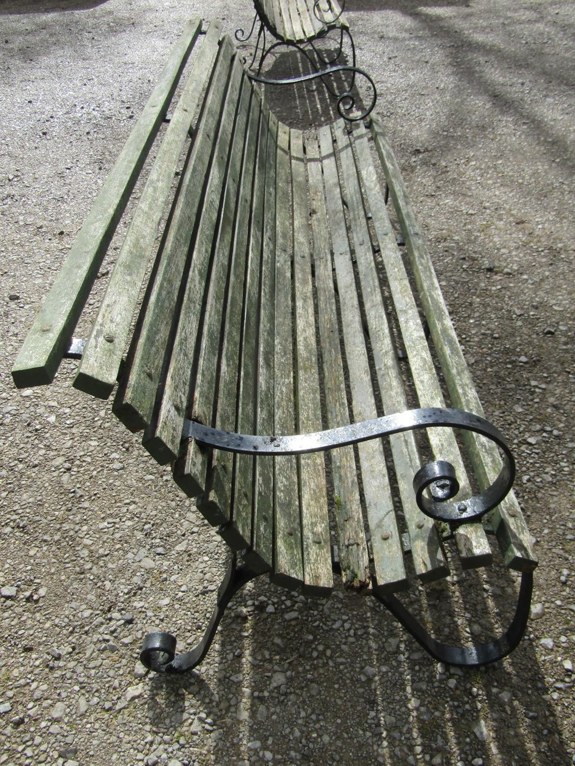 A vintage heavy gauge park/estate garden bench with weathered green painted teak slatted seat raised - Image 3 of 7