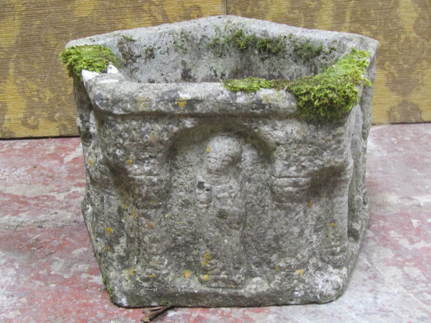 Two medieval style weathered cast composition stone garden planters with relief detail, one of - Image 7 of 10