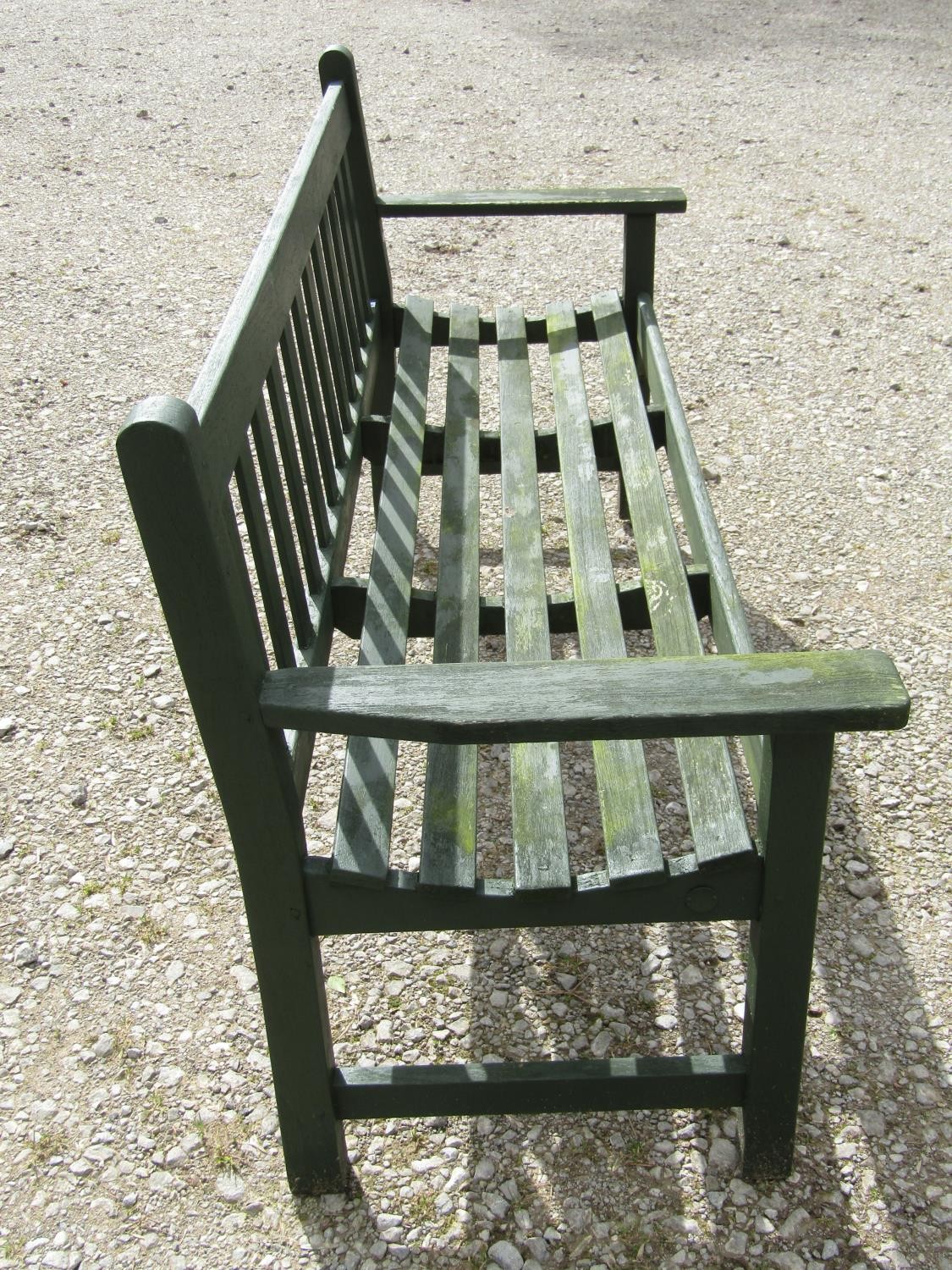 A vintage green painted teak three seat garden bench with slatted seat and back (probably a Lister - Image 3 of 5