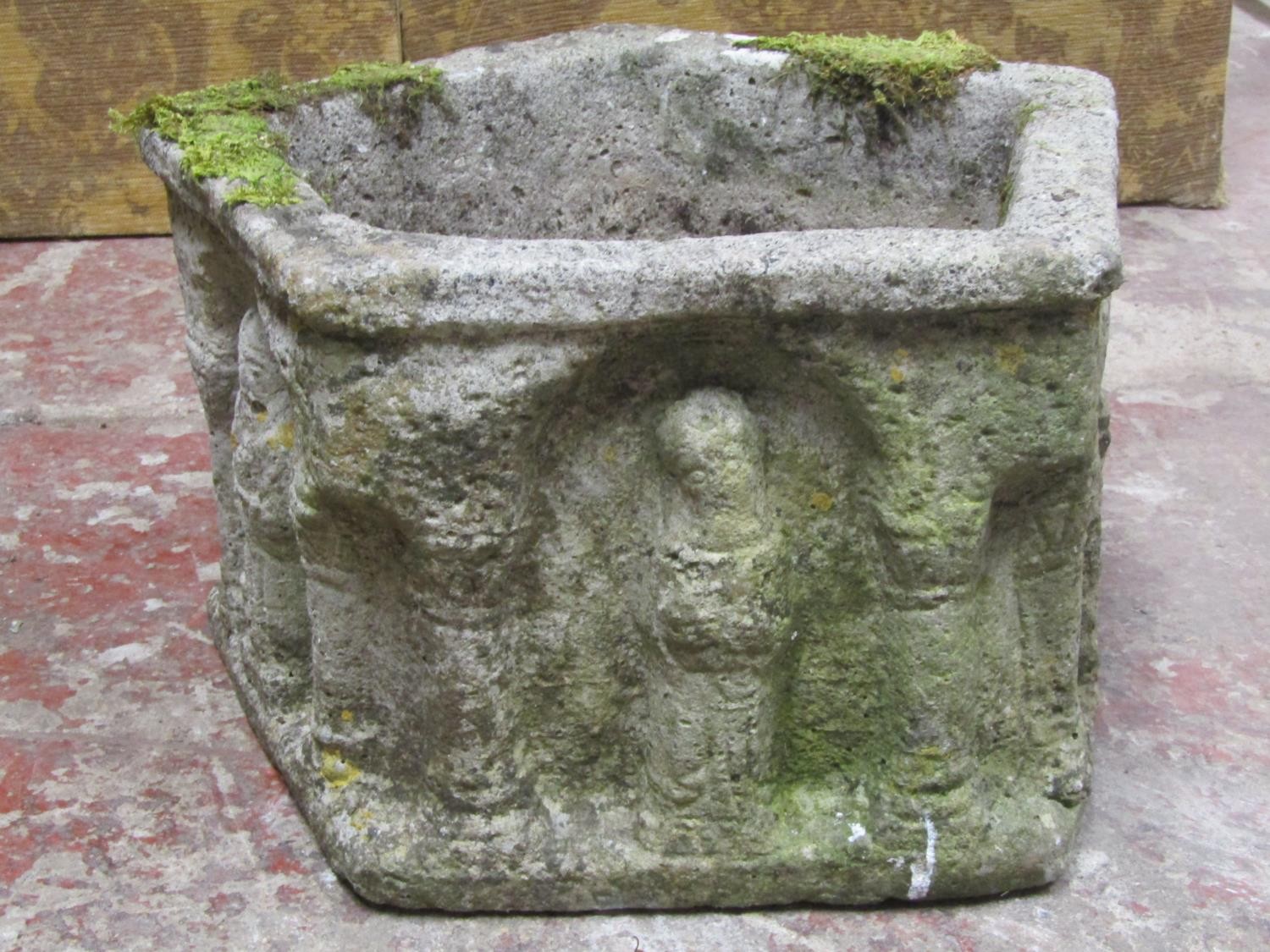 Two medieval style weathered cast composition stone garden planters with relief detail, one of - Image 9 of 10