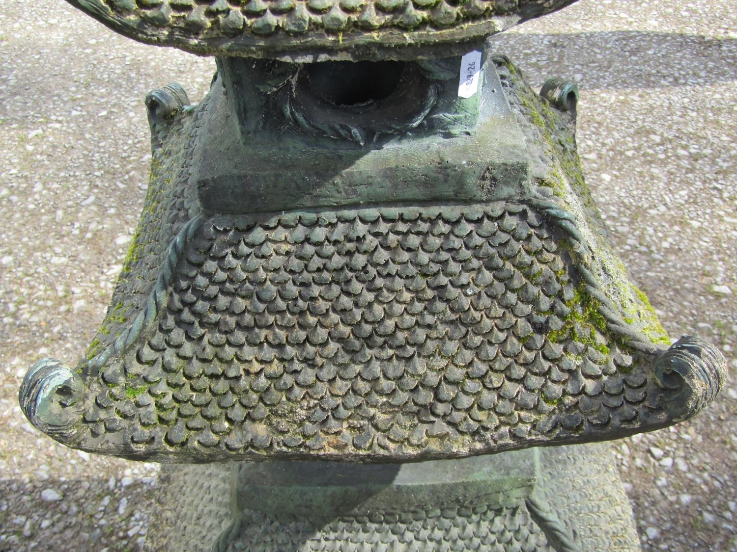 A weathered green painted cast composition stone sectional garden pagoda ornament, 105 cm high - Image 5 of 7