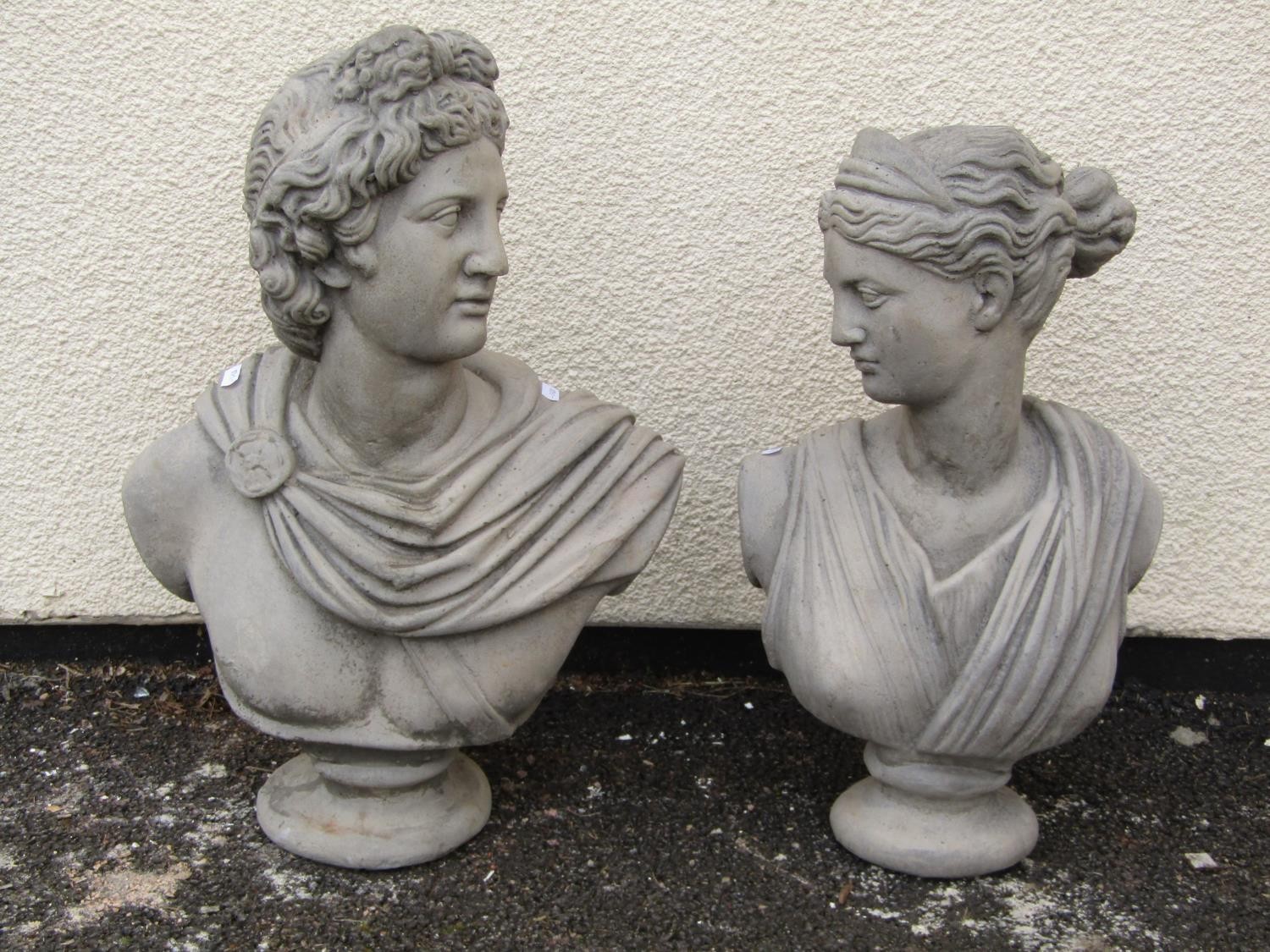 After the antique, two associated cast composition stone busts after Hellenic figures, the