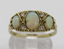 9ct opal and colourless stone dress ring, size P/Q, 2.5g (centre opal chipped)