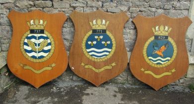 A collection of 13 large armorial shields with naval and air force insignias, shield size 105cm x