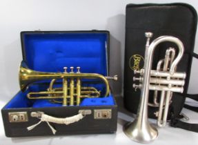 Boosey & Hawkes silver Imperial B Flat Cornet in a soft shoulder bag, together with a brass B Flat