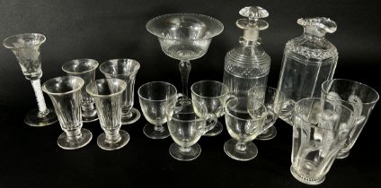 A selection of Georgian and Victorian glass ware including a wine glass engraved with a butterfly,