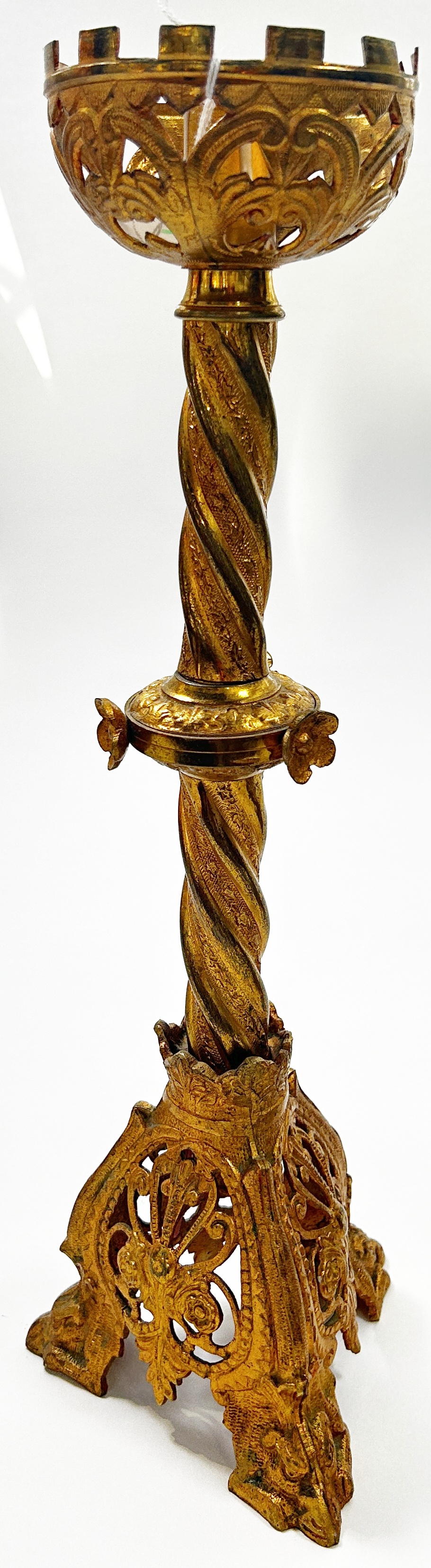 A 19th century ecclesiastical brass pricket candlestick of Puginesque form, with pierced hexagonal - Image 3 of 3