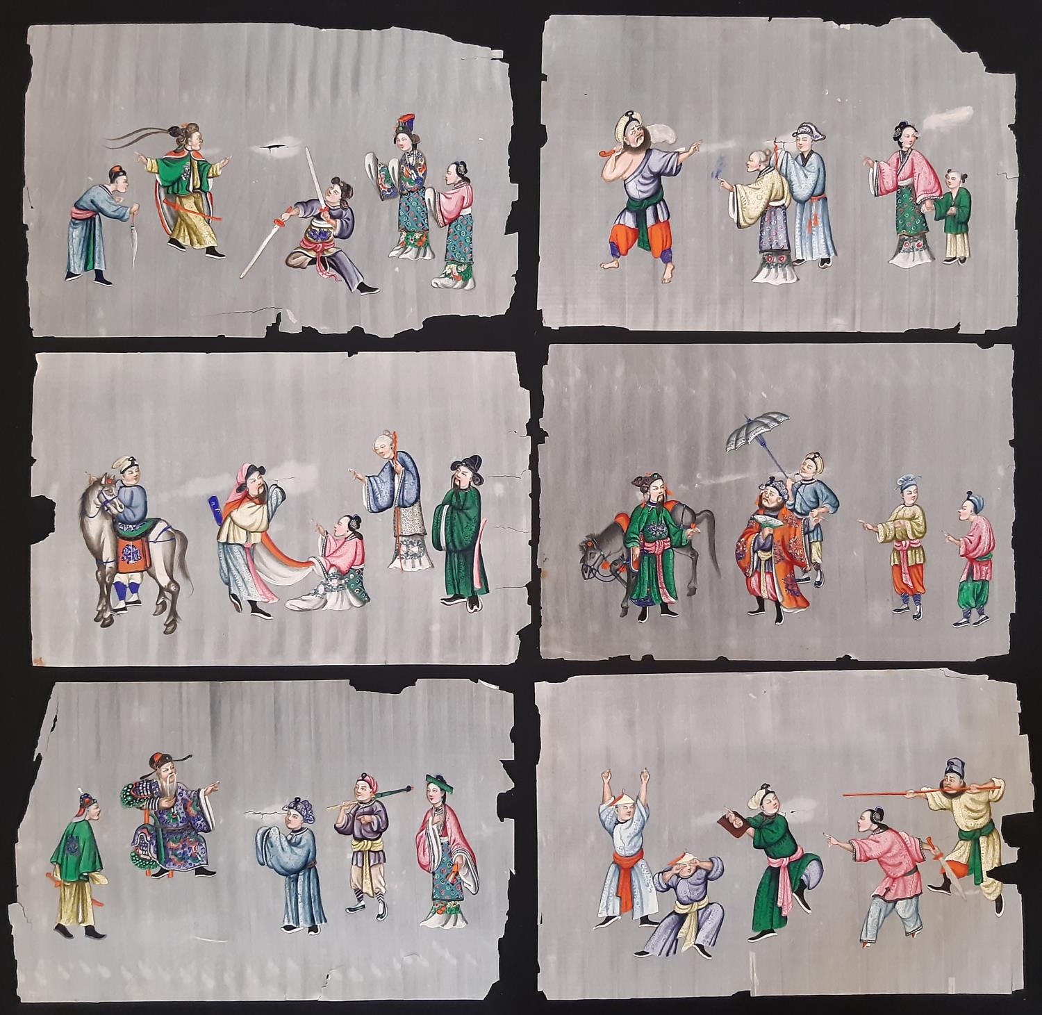 Six Chinese pith paintings of dramatic scenes with groups of figures, 19th century, 21 x 32 cm