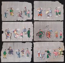 Six Chinese pith paintings of dramatic scenes with groups of figures, 19th century, 21 x 32 cm