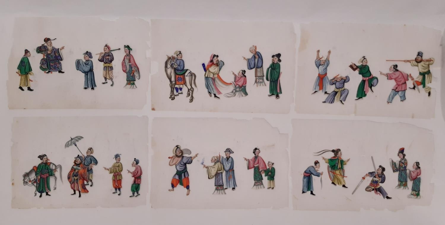 Six Chinese pith paintings of dramatic scenes with groups of figures, 19th century, 21 x 32 cm - Image 5 of 5