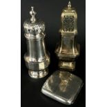 A silver sugar sifter and a silver cigarette case together with a silver plated sugar sifter, 8oz