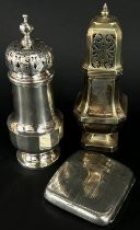 A silver sugar sifter and a silver cigarette case together with a silver plated sugar sifter, 8oz