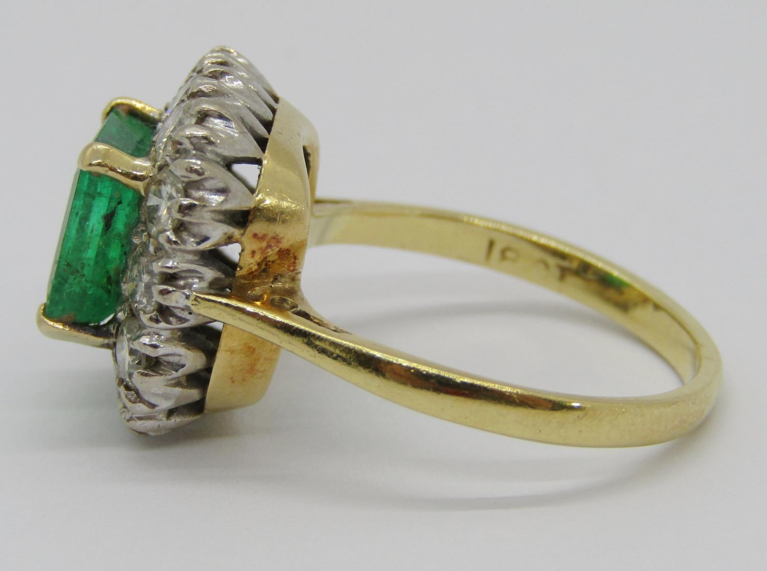 Mid 20th century 18ct emerald and diamond cluster ring, the emerald 7 x 7mm approx, size N, 5.3g ( - Image 4 of 8
