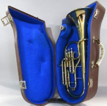 A brass B & S Sonara E Flat Tenor Horn in a hard case, in working order.