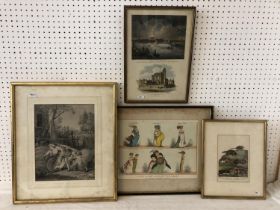 Three early 19th century engravings and a print, to include: After Thomas Rowlandson (1756-