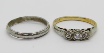 18ct three stone diamond ring and a platinum wedding ring, both size K, 2.2g each