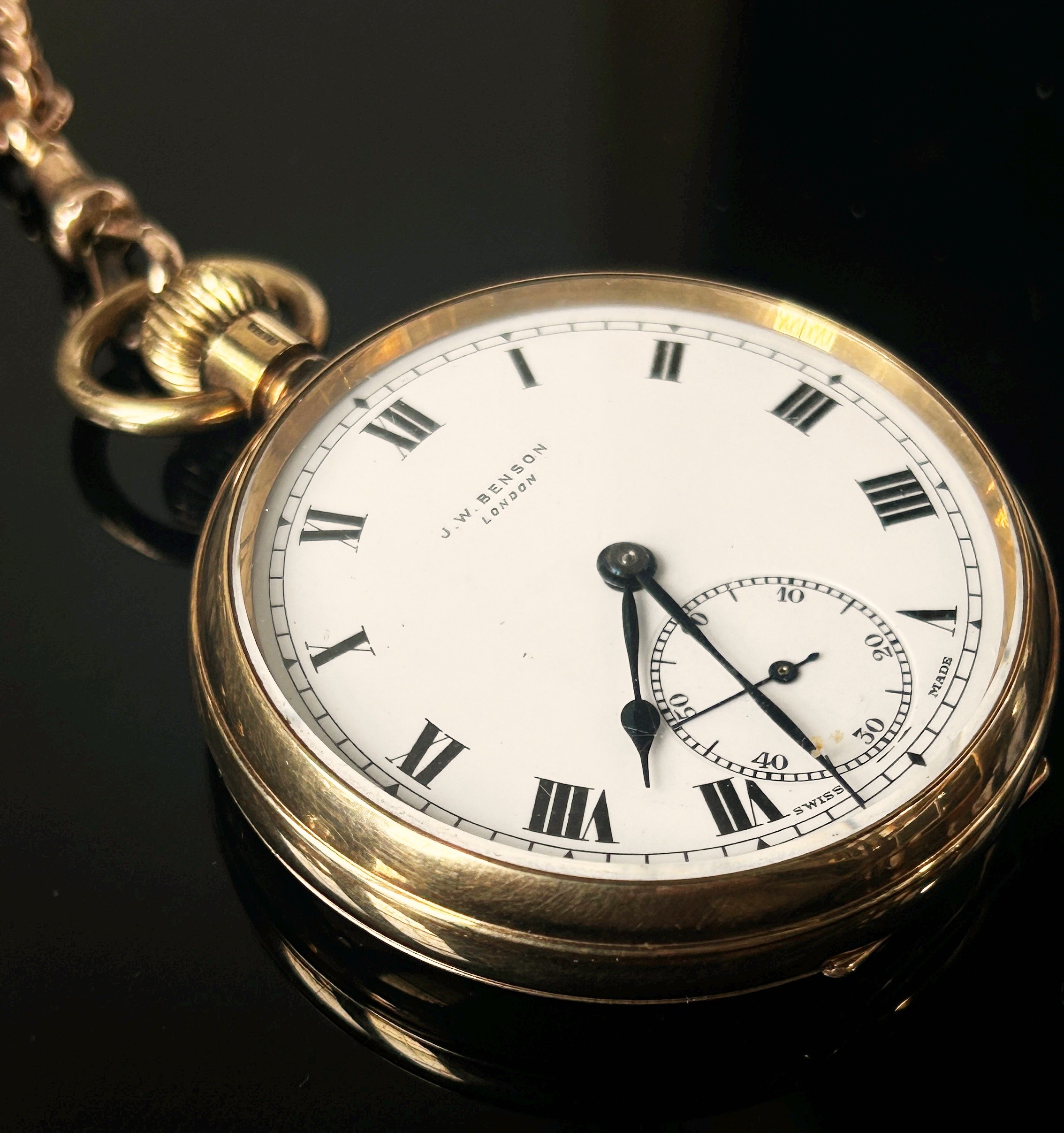 J.W Benson, London: A 9ct yellow gold cased fob watch, the white enamelled dial with black Roman - Image 7 of 8