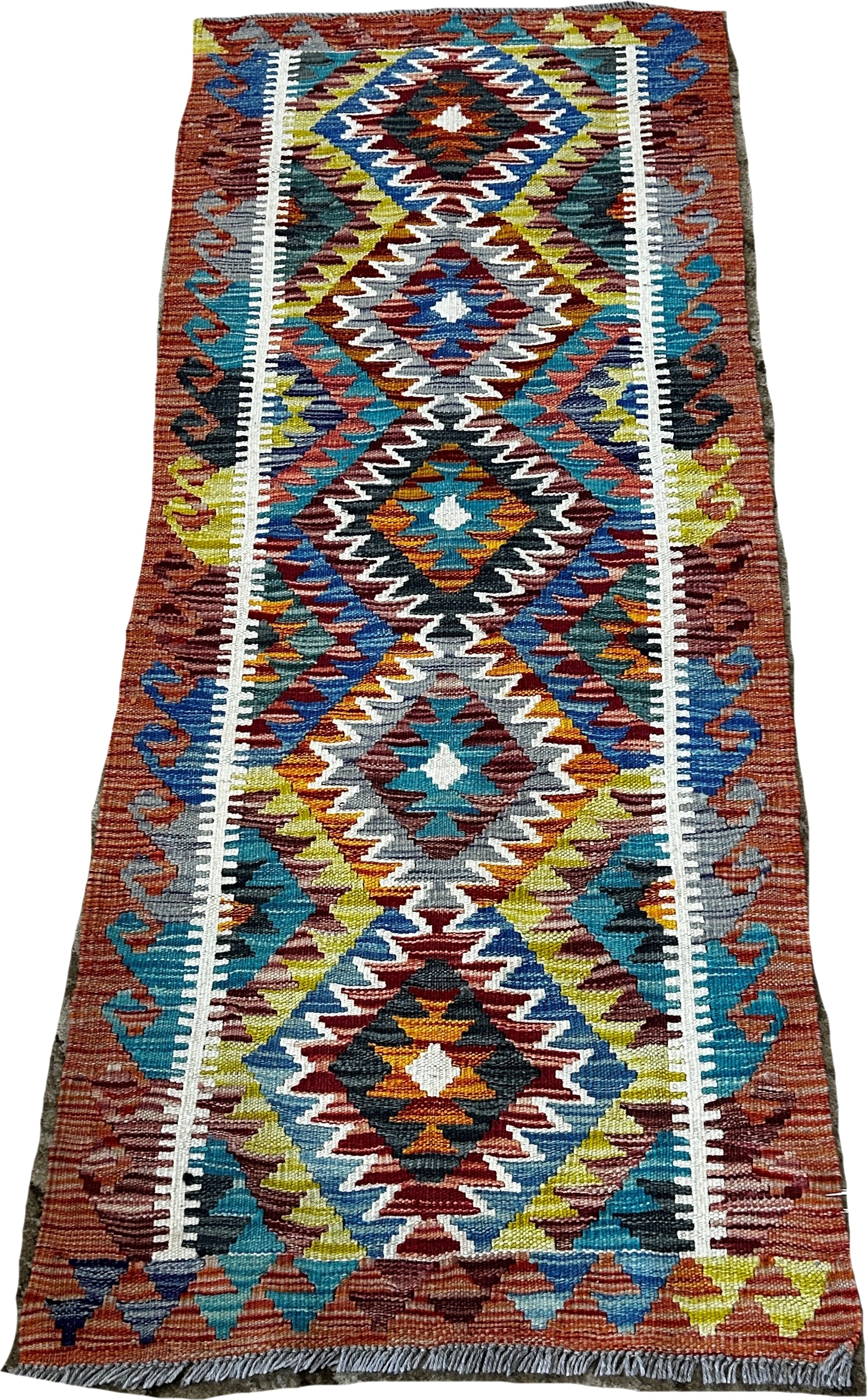 A Chobi kilim runner with five central stepped diamonds, 152 x 63cm approximately - Image 2 of 2