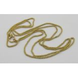 Yellow metal foxtail long guard chain, length 114cm L approx, 36.5g