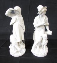 A pair white alabaster figures of a shepherd boy with his dog and a Shepherd girl with a sheep, both