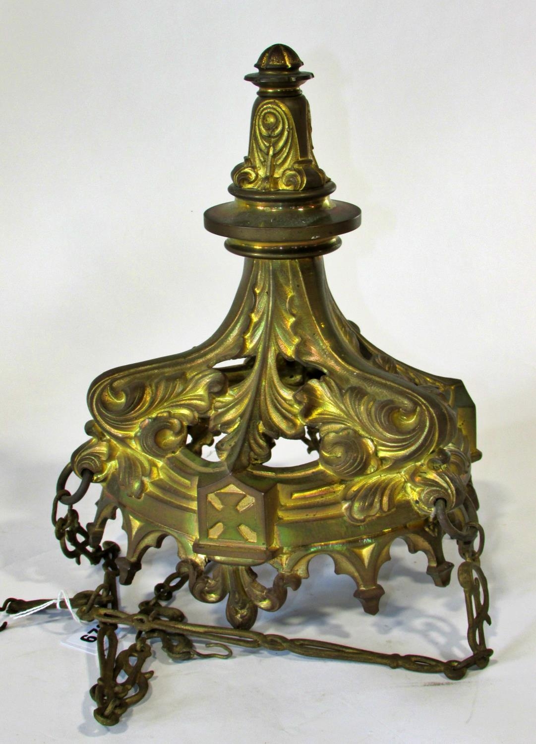 A heavy 19th century gothic cast gilt brass ceiling light, with pierced acanthus mounts, 30cm - Image 2 of 4